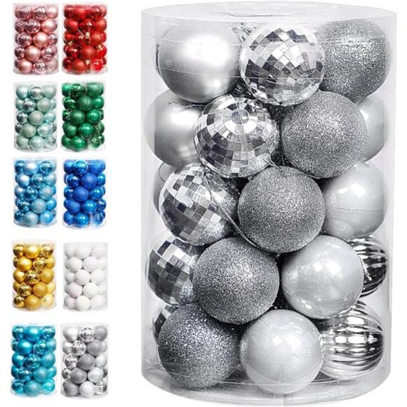 Christmas Ball Ornaments, 34 Ct Xmas Tree Decorations, (Silver, 1.57") - Picture 1 of 7